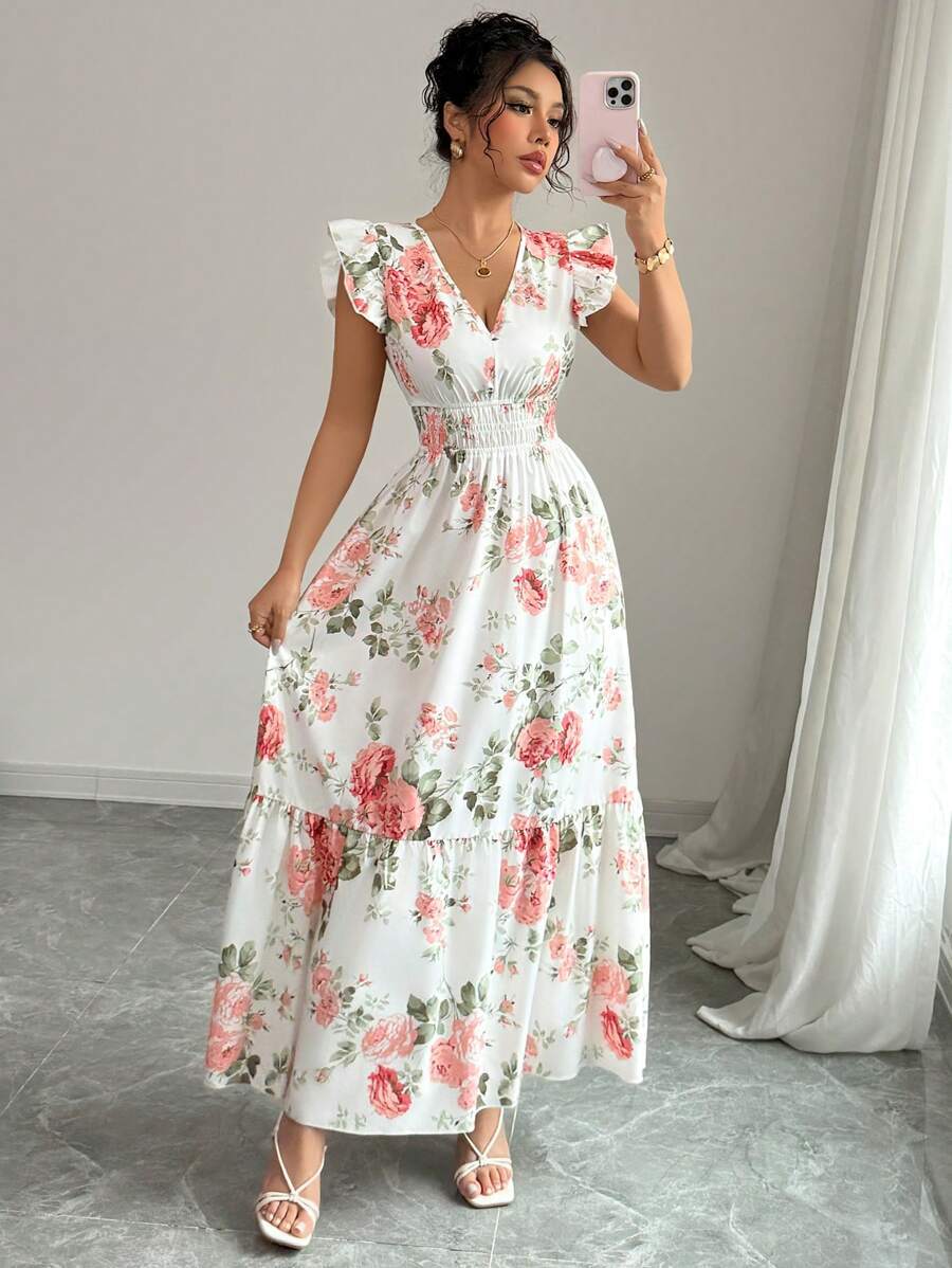 Sophisticated Printed Dress With Ruffled Sleeves