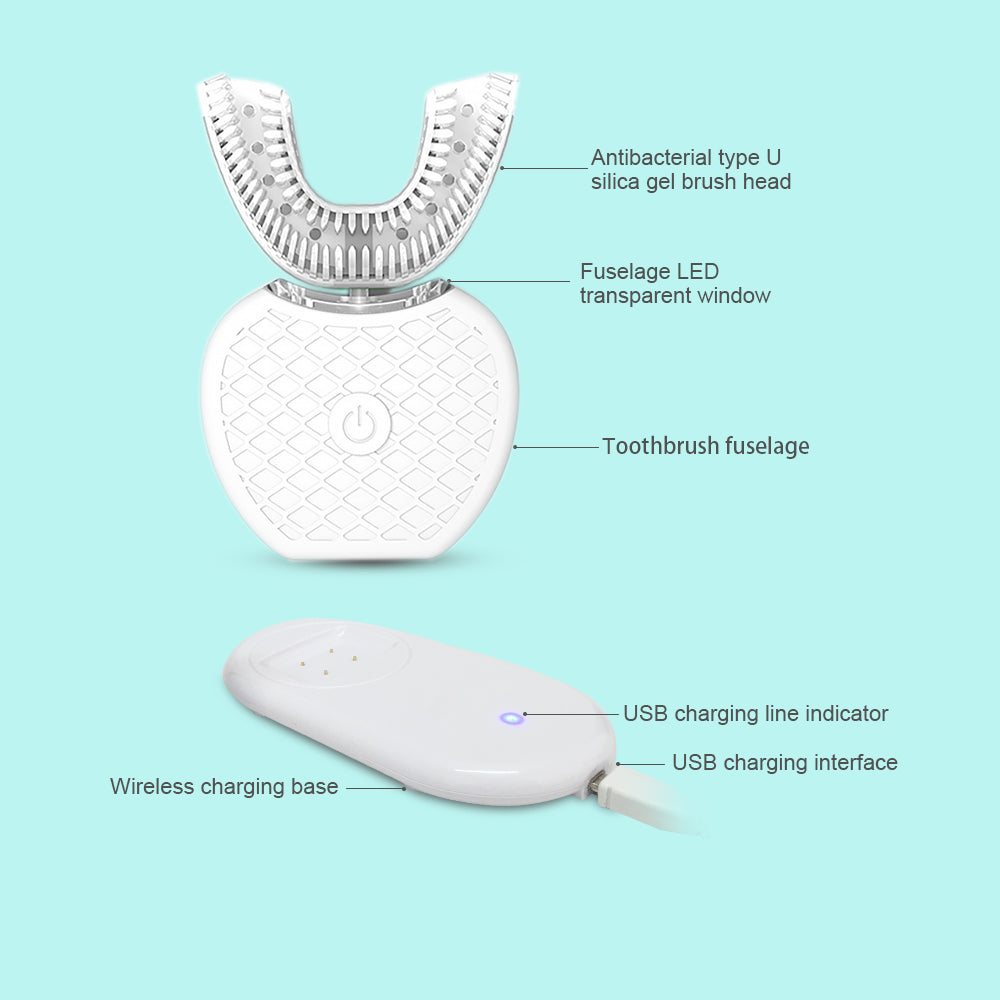 360 Degrees Intelligent Automatic Electric Toothbrush Waterproof U Type Tooth Brush Whitening Blue Light USB Charging