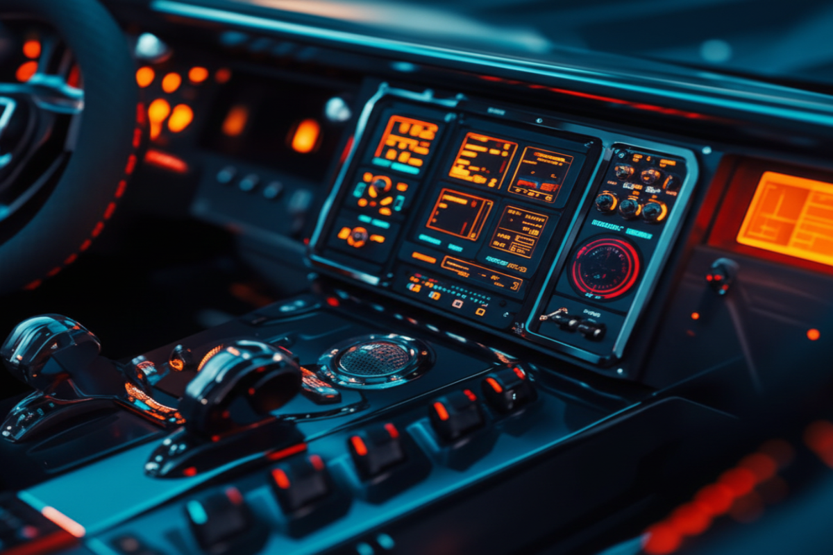High-tech car dashboard with illuminated controls and display