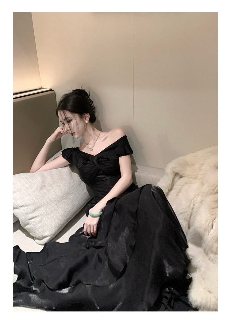 French-style Black Off-shoulder Luxury Dress