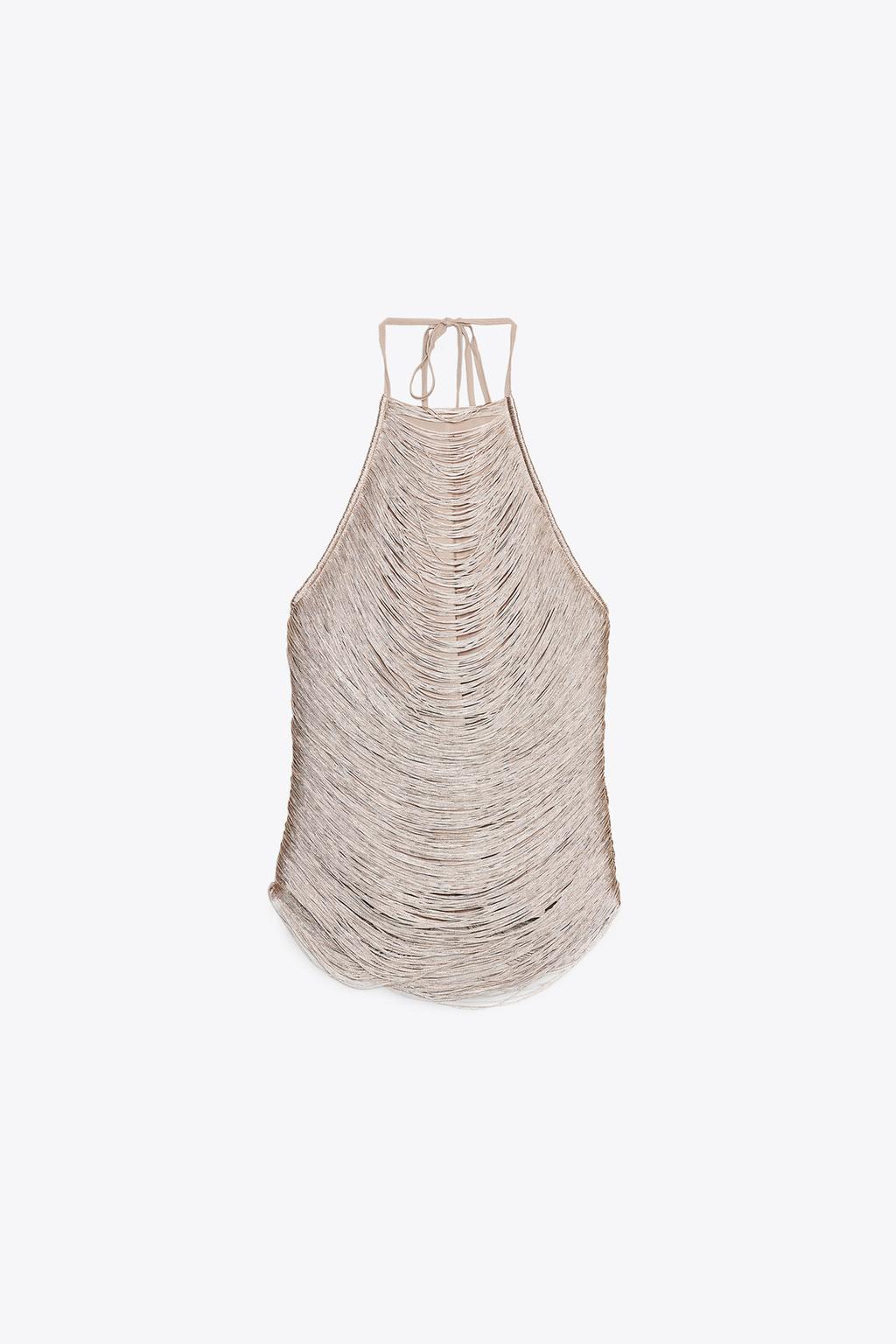 Metallic-fringed French-style Halter Top With Adjustable Bow