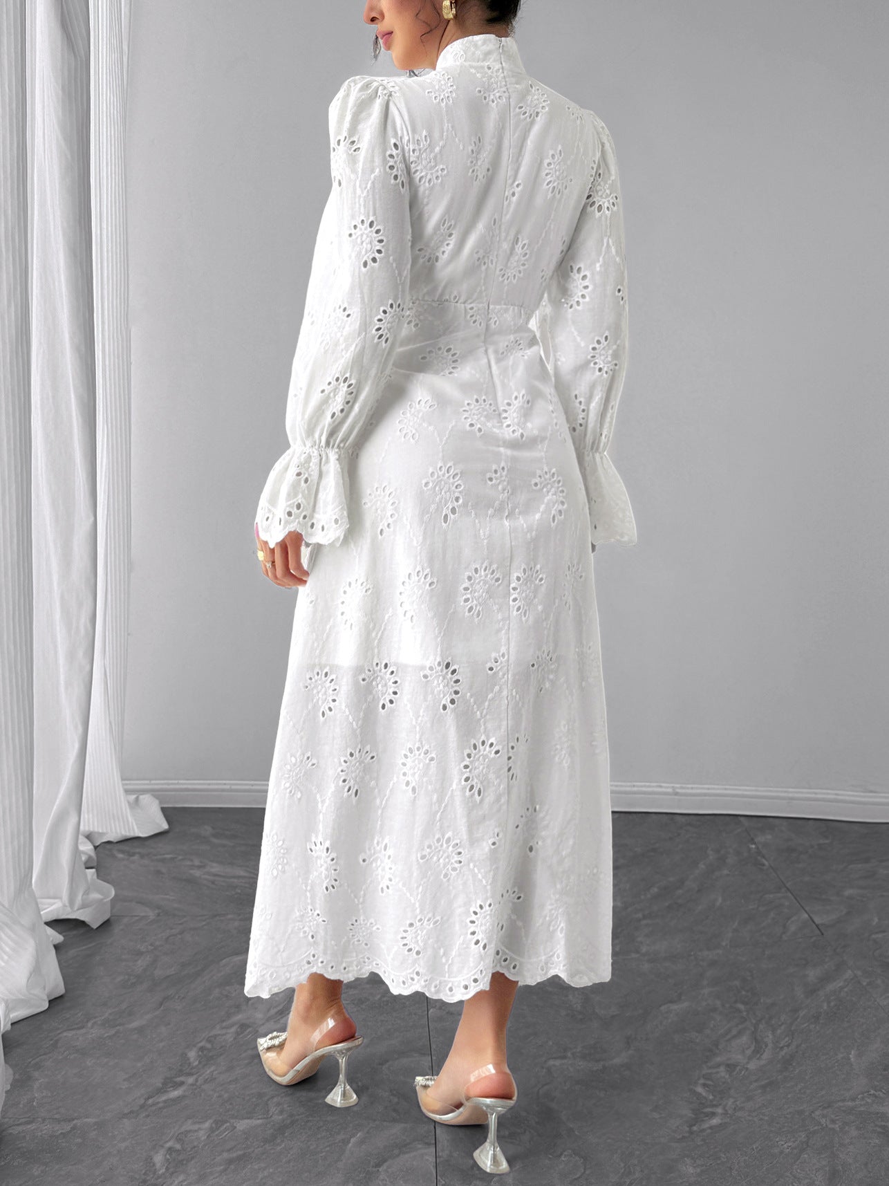Elegant Vacation Long-Sleeve Hollow-Out Waist-Cinching Button Dress