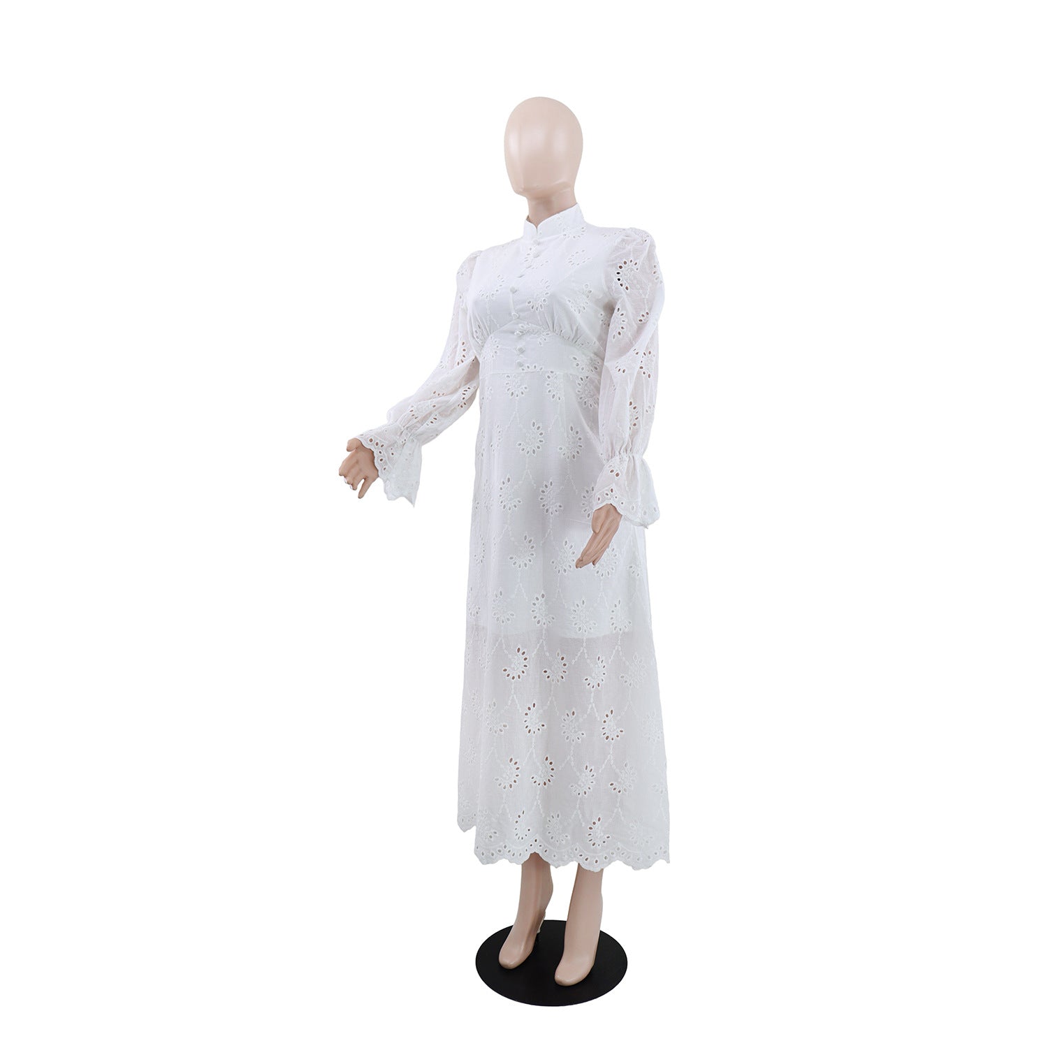 Elegant Vacation Long-Sleeve Hollow-Out Waist-Cinching Button Dress