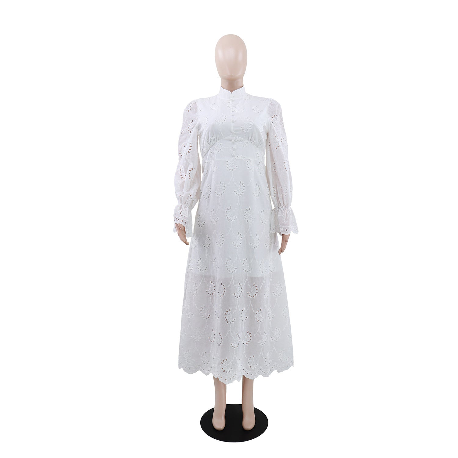 Elegant Vacation Long-Sleeve Hollow-Out Waist-Cinching Button Dress
