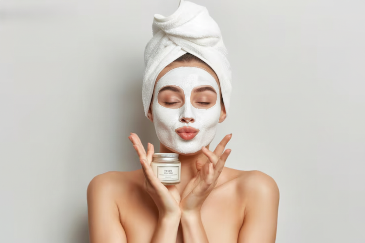 Woman applying facial mask with a towel on her head against a plain background