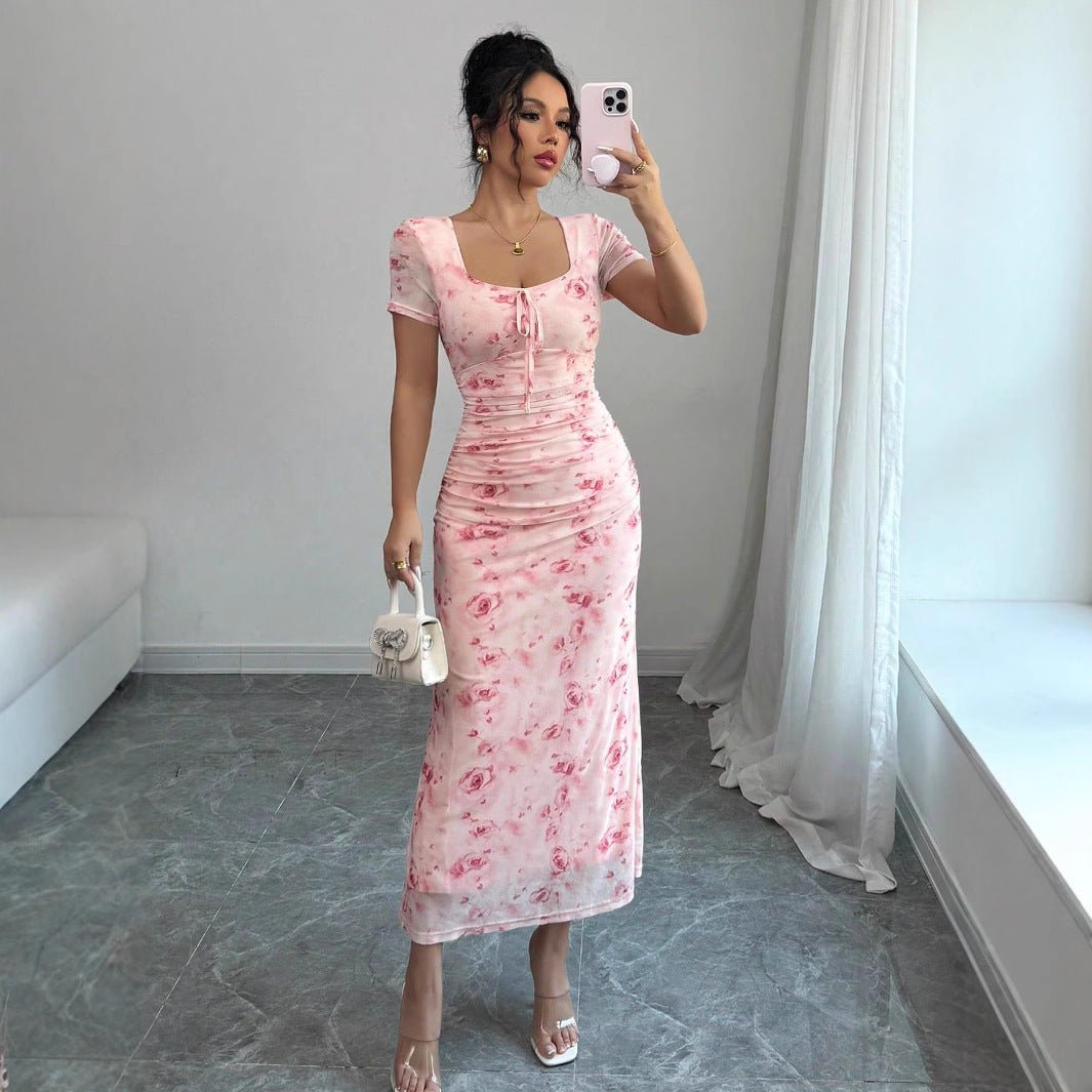 Strap-printed Long Figure-hugging Hip-hugging Dress
