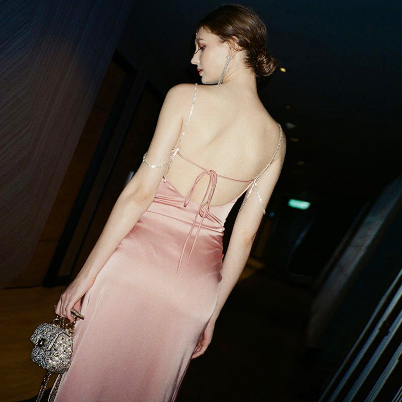 Fashionable And Sexy Slit-back Dress With Diamond-chain