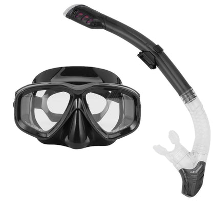 Black diving mask and snorkel set on a white background