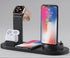 Multi-device charging station with smartphone, smartwatch, and earbuds on a white background