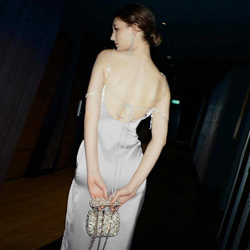 Fashionable And Sexy Slit-back Dress With Diamond-chain