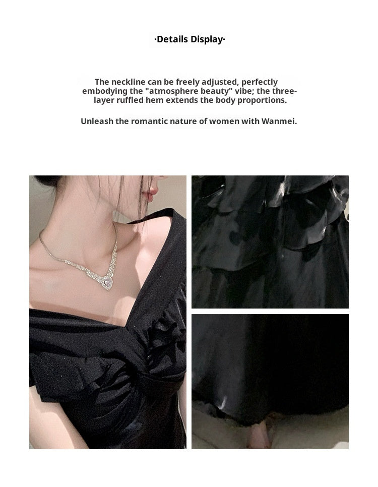 French-style Black Off-shoulder Luxury Dress