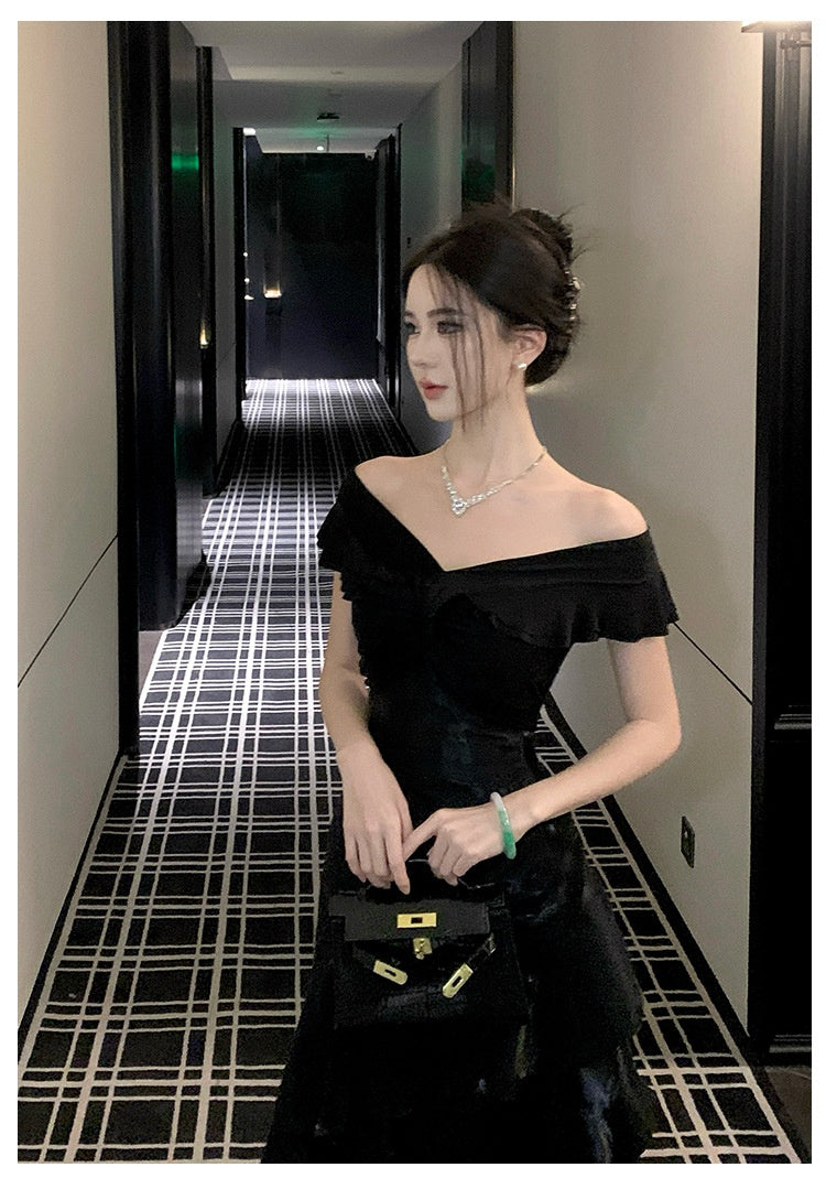 French-style Black Off-shoulder Luxury Dress