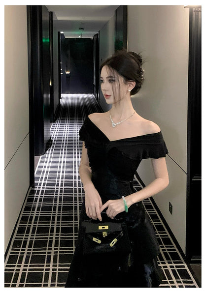 French-style Black Off-shoulder Luxury Dress