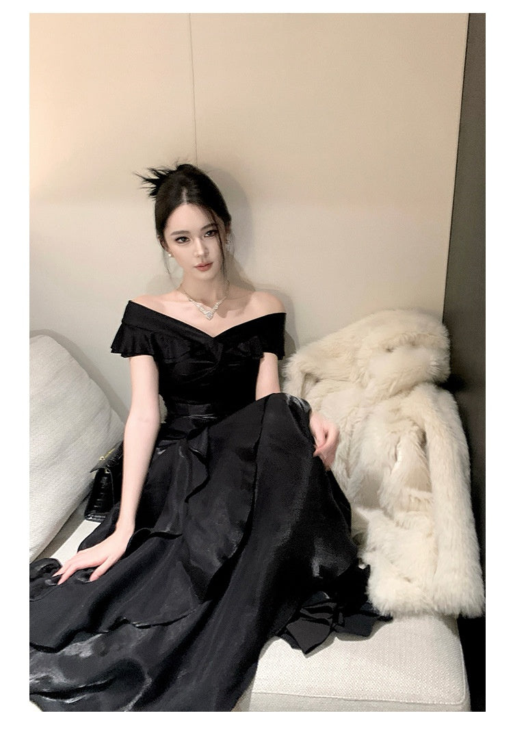 French-style Black Off-shoulder Luxury Dress
