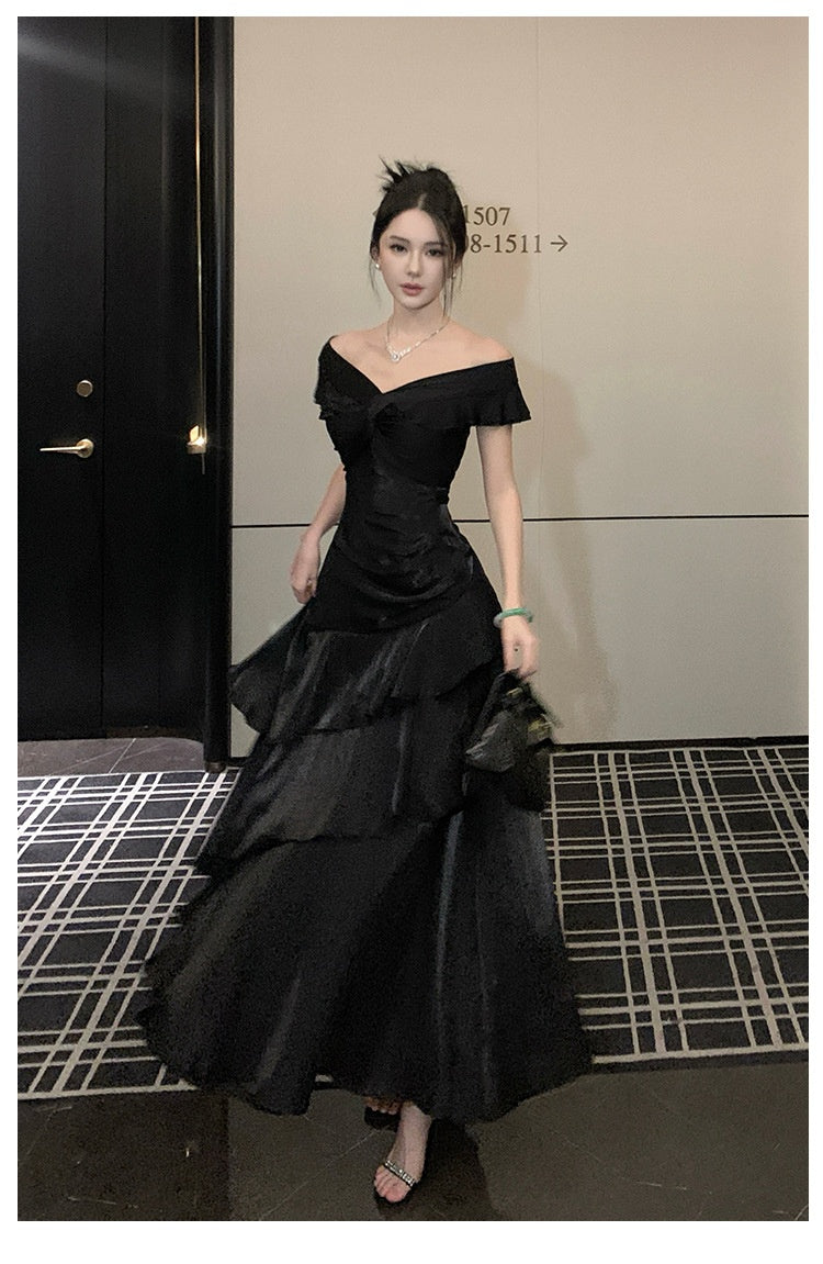 French-style Black Off-shoulder Luxury Dress