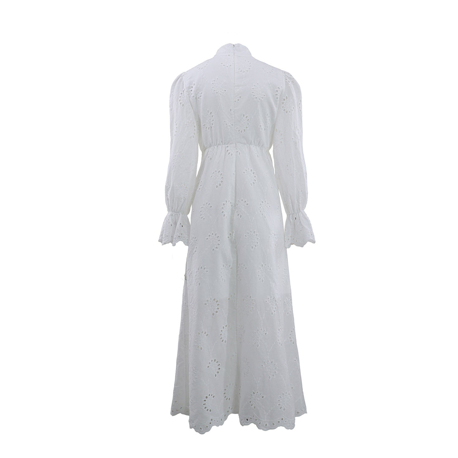 Elegant Vacation Long-Sleeve Hollow-Out Waist-Cinching Button Dress