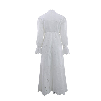Elegant Vacation Long-Sleeve Hollow-Out Waist-Cinching Button Dress