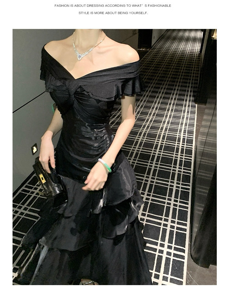 French-style Black Off-shoulder Luxury Dress