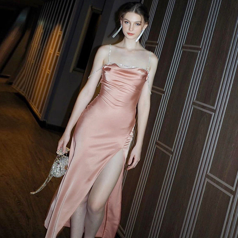 Fashionable And Sexy Slit-back Dress With Diamond-chain