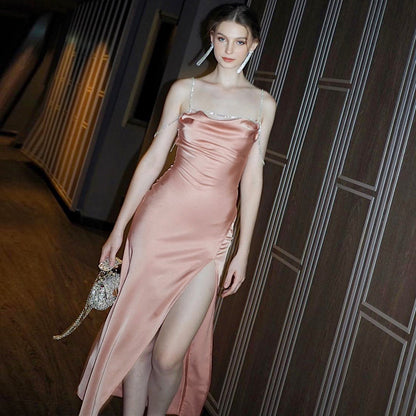Fashionable And Sexy Slit-back Dress With Diamond-chain