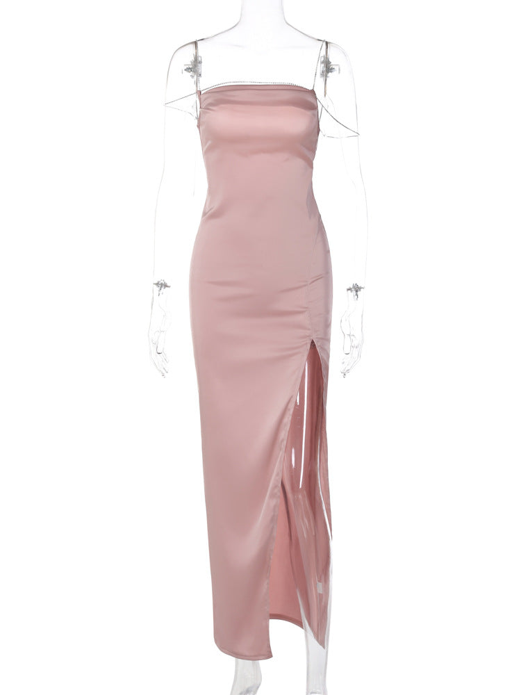 Fashionable And Sexy Slit-back Dress With Diamond-chain
