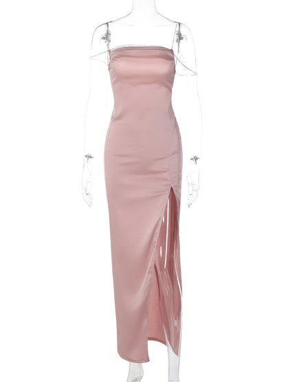 Fashionable And Sexy Slit-back Dress With Diamond-chain