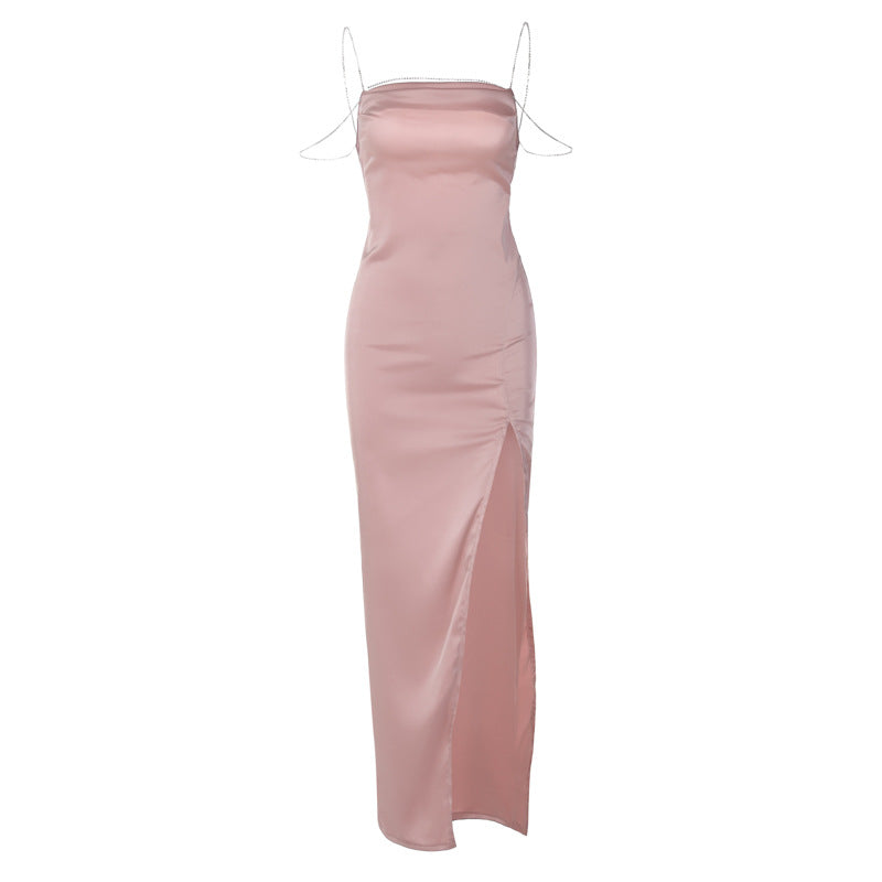 Fashionable And Sexy Slit-back Dress With Diamond-chain