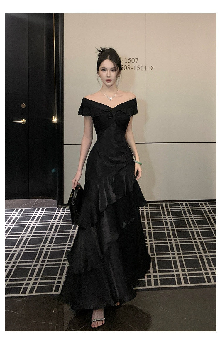 French-style Black Off-shoulder Luxury Dress