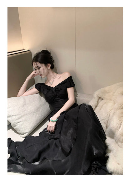 French-style Black Off-shoulder Luxury Dress