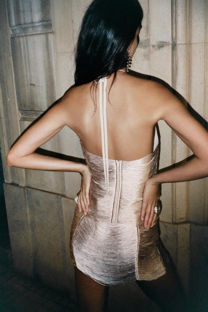Metallic-fringed French-style Halter Top With Adjustable Bow