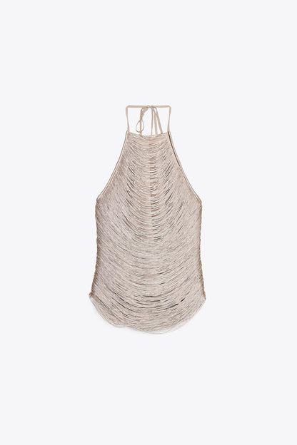 Metallic-fringed French-style Halter Top With Adjustable Bow