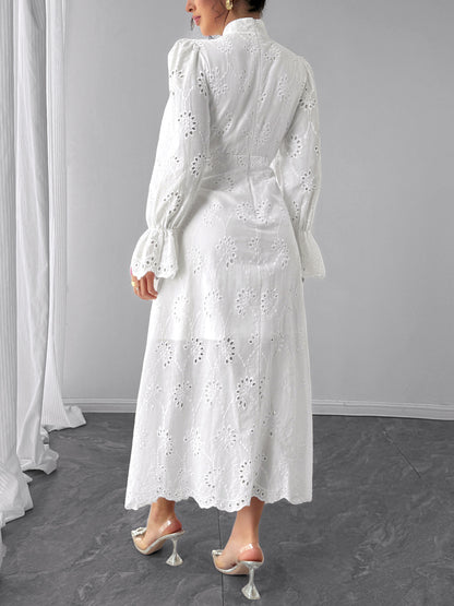 Elegant Vacation Long-Sleeve Hollow-Out Waist-Cinching Button Dress