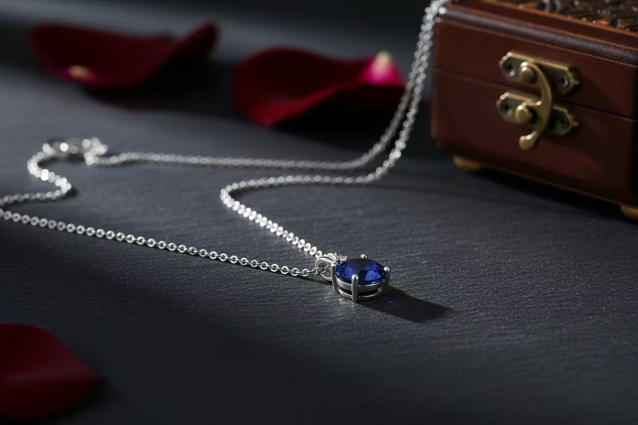 Silver necklace with a blue pendant on a dark surface with red petals and a wooden box.
