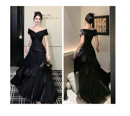 French-style Black Off-shoulder Luxury Dress