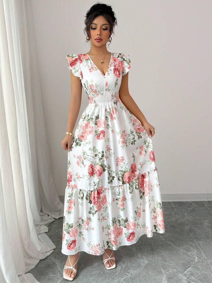 Sophisticated Printed Dress With Ruffled Sleeves