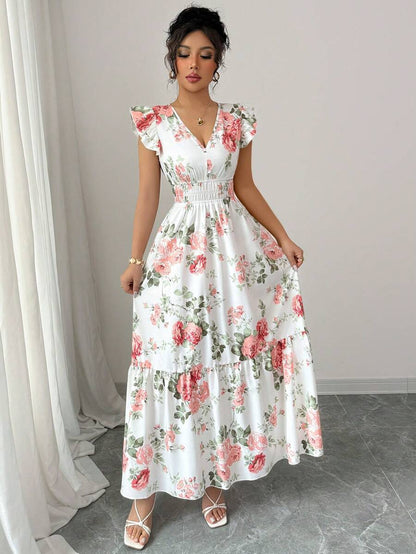 Sophisticated Printed Dress With Ruffled Sleeves