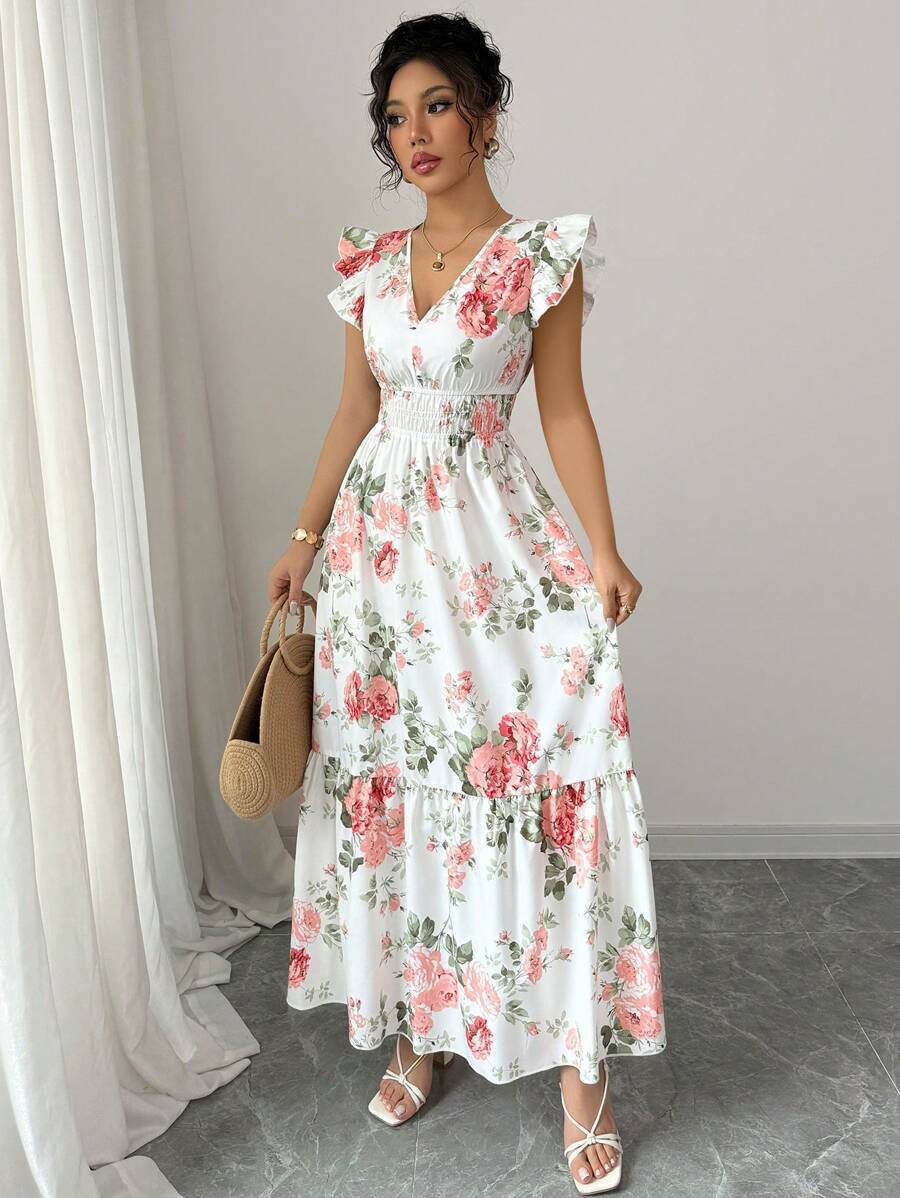 Sophisticated Printed Dress With Ruffled Sleeves