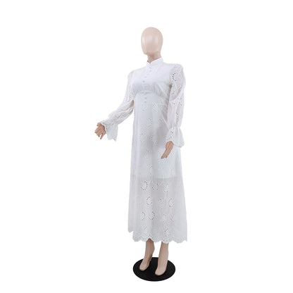 Elegant Vacation Long-Sleeve Hollow-Out Waist-Cinching Button Dress