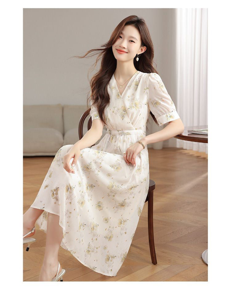 V-neck Puffed-sleeve Patchwork Printed Midi Dress