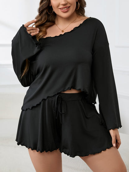Ruffled-edge Long-sleeve Top And Cropped Pants