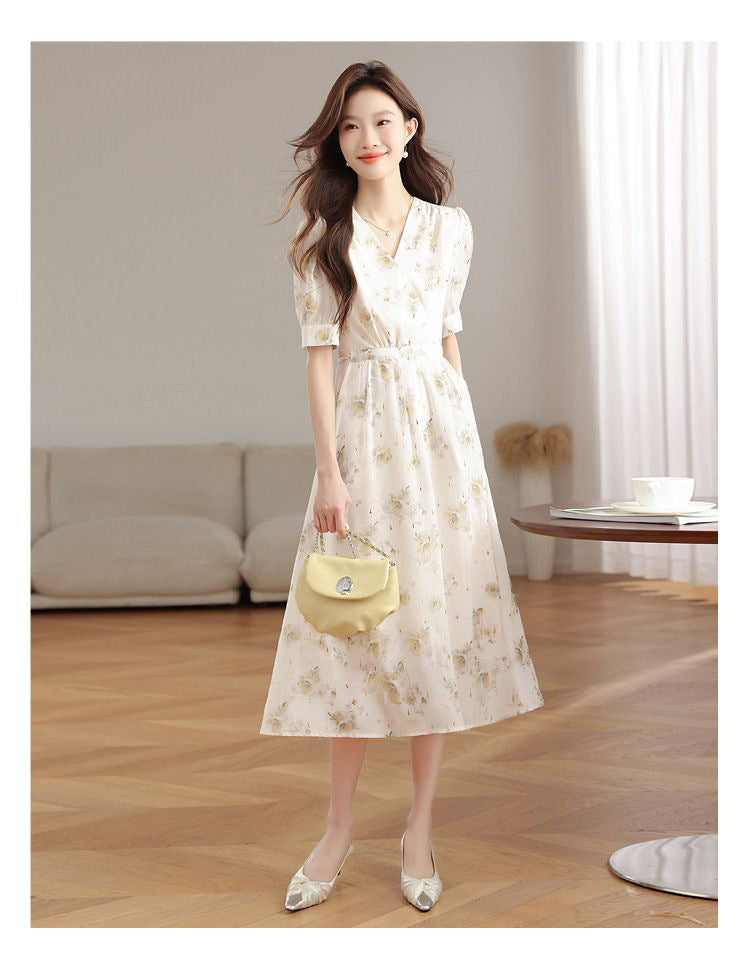 V-neck Puffed-sleeve Patchwork Printed Midi Dress