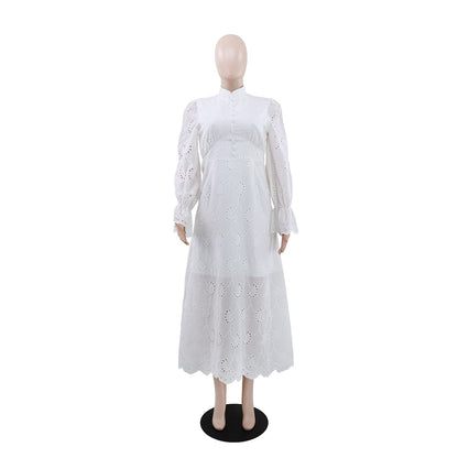 Elegant Vacation Long-Sleeve Hollow-Out Waist-Cinching Button Dress