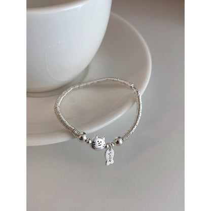 Simple Sterling Silver Small Plate Wrapped With Cat And Fish Eating Bracelet