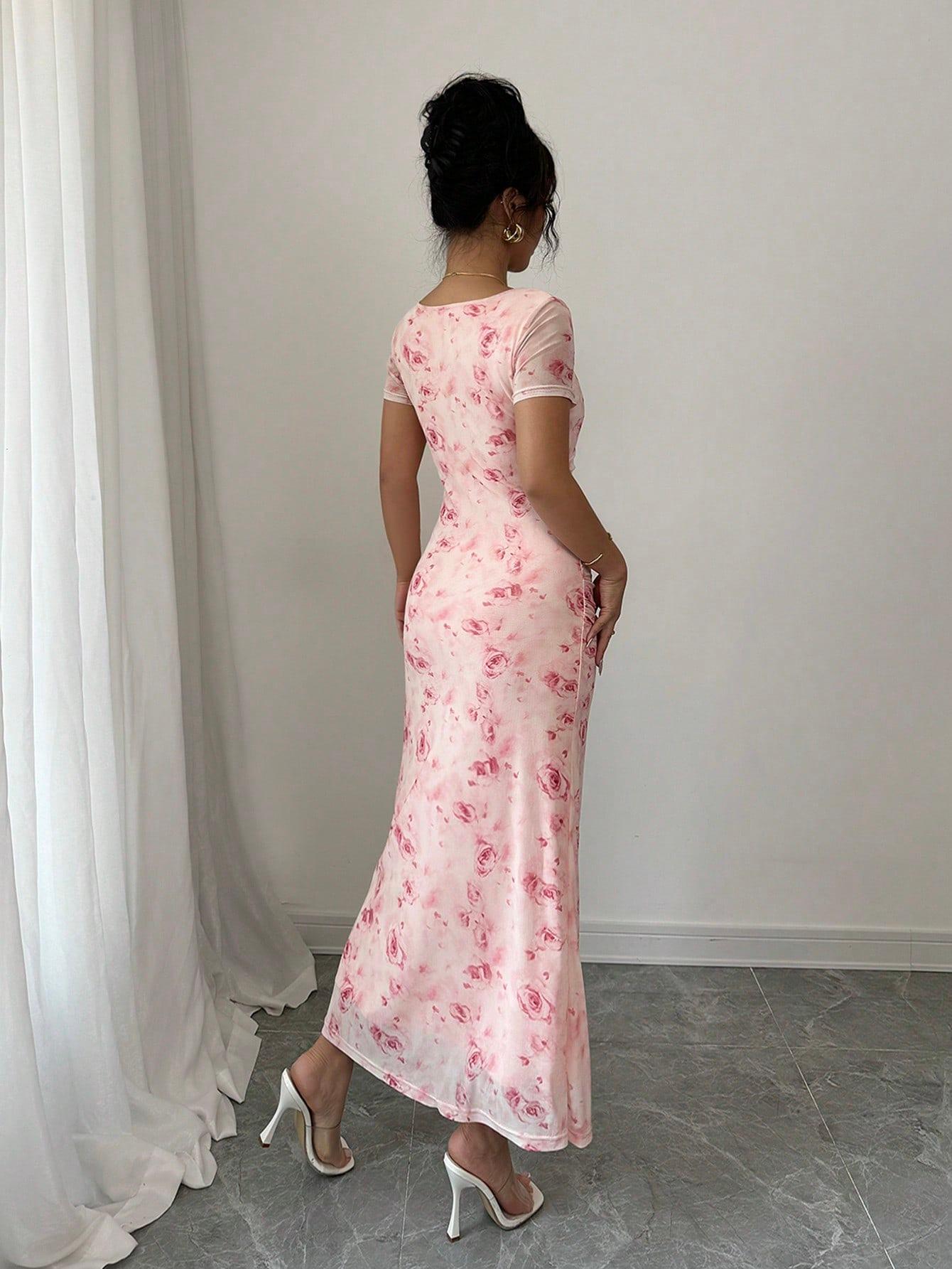 Strap-printed Long Figure-hugging Hip-hugging Dress