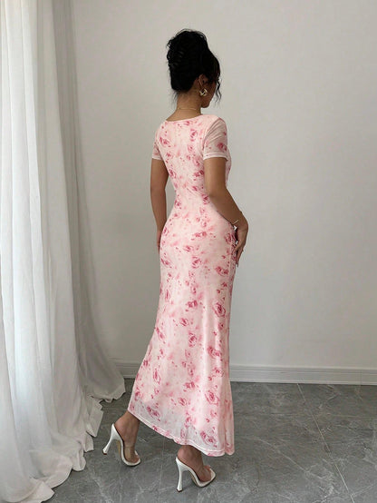 Strap-printed Long Figure-hugging Hip-hugging Dress