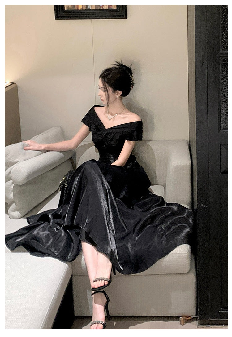 French-style Black Off-shoulder Luxury Dress