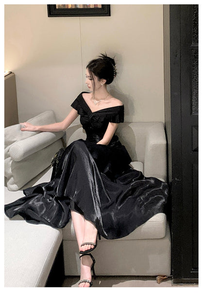 French-style Black Off-shoulder Luxury Dress