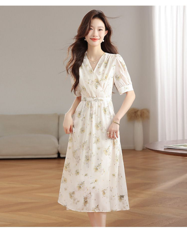 V-neck Puffed-sleeve Patchwork Printed Midi Dress