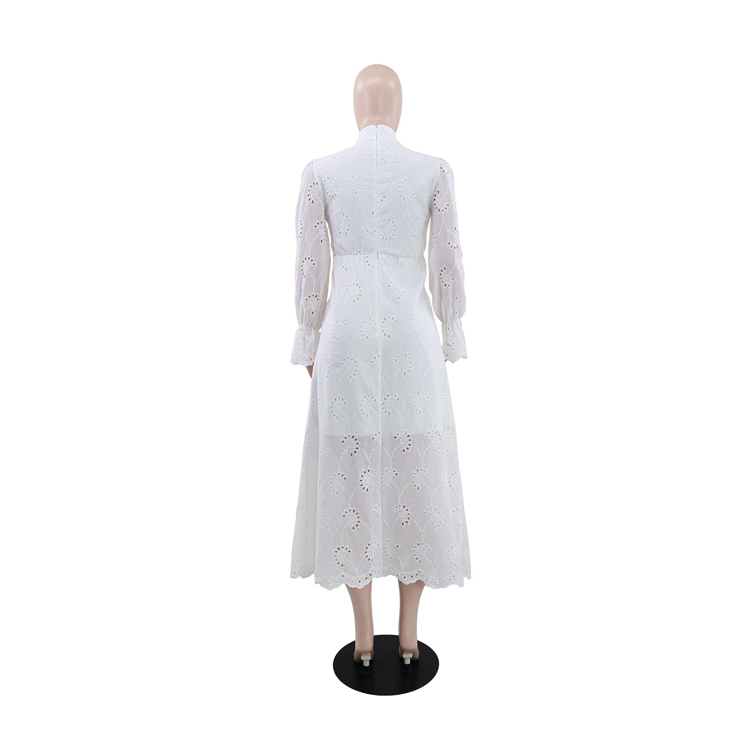 Elegant Vacation Long-Sleeve Hollow-Out Waist-Cinching Button Dress