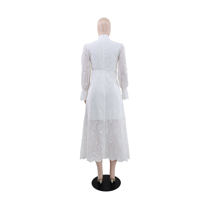 Elegant Vacation Long-Sleeve Hollow-Out Waist-Cinching Button Dress